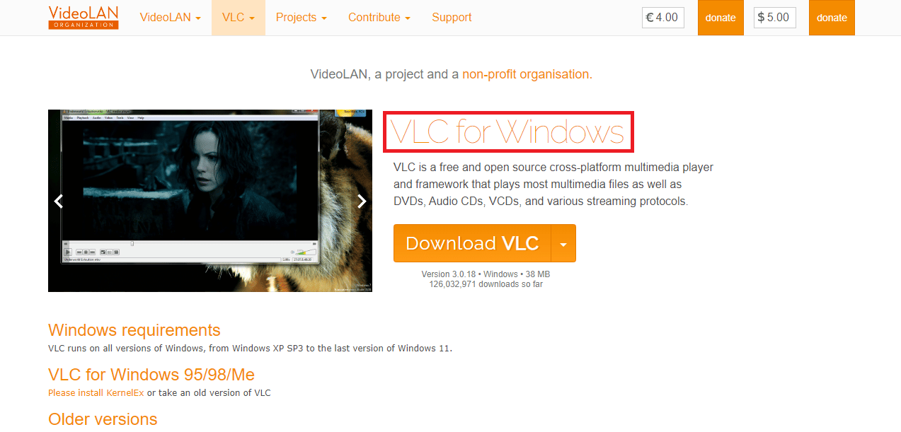 افتح متصفح الويب وقم بزيارة صفحة VLC الرسمية لنظام التشغيل Windows