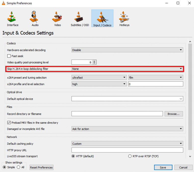 fare clic sul menu a discesa Salta filtro di deblock in-loop H.264