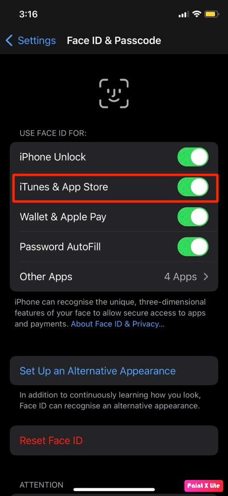 ativar a opção iTunes & App Store | Como corrigir o problema do Face ID que não está funcionando no iPhone
