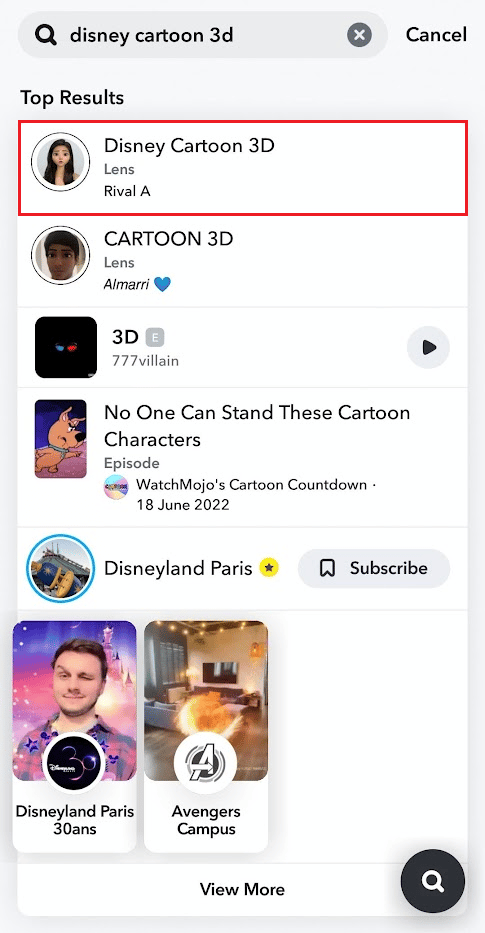 Suchen Sie in der Suchleiste nach dem Disney-Cartoon-3D-Objektiv und tippen Sie in den Suchergebnissen darauf