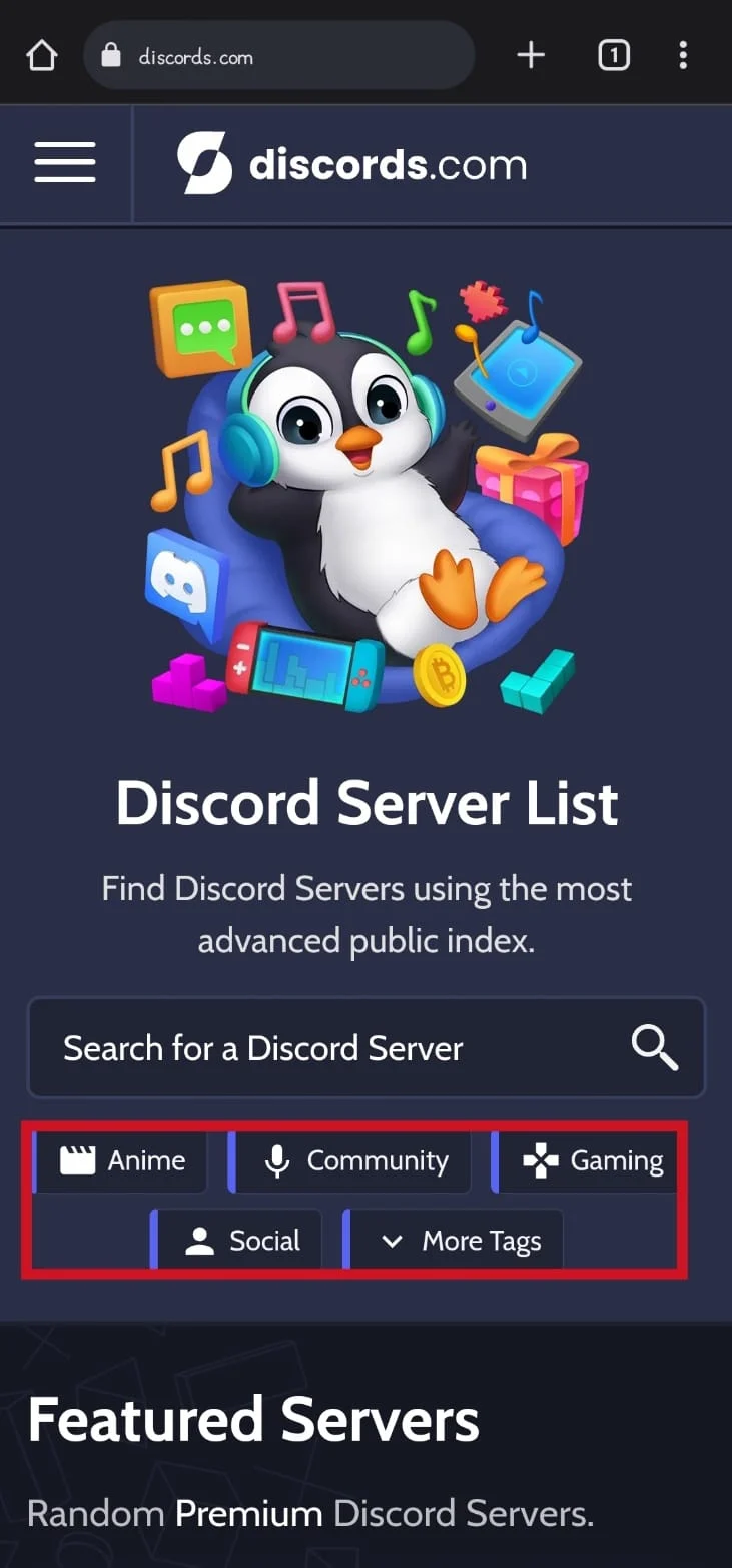 Atingeți oricare dintre categorii pentru a găsi o listă de servere Discord din categoria respectivă