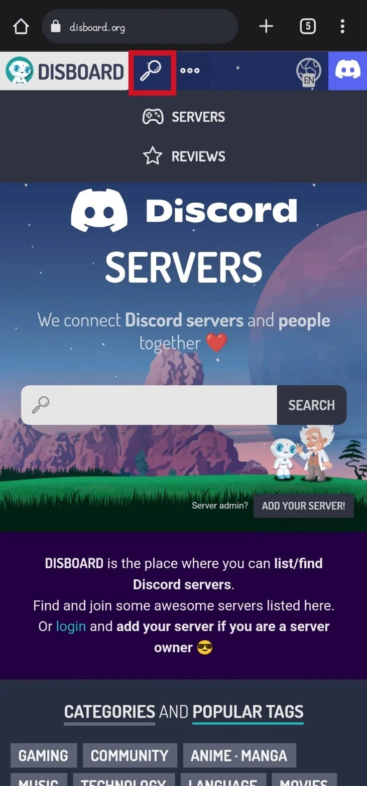 ketuk ikon pencarian untuk mengetikkan nama server tertentu