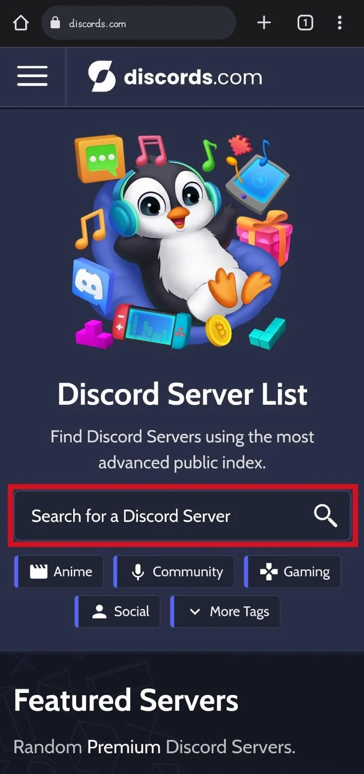 Tippen Sie auf das Feld Nach einem Discord-Server suchen, um den Servernamen einzugeben