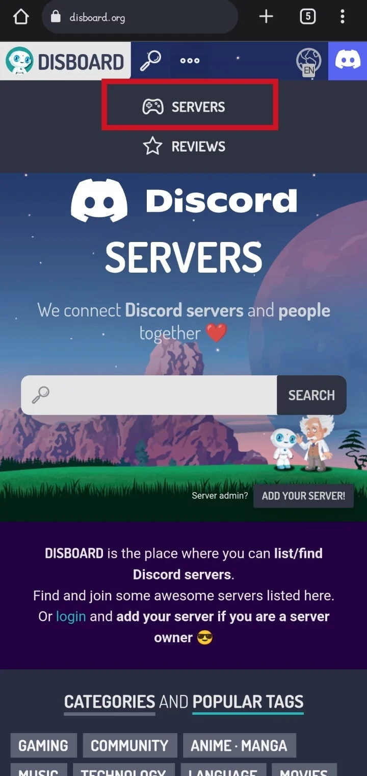 Ketuk pada tab SERVER | Cara Mencari di Discord Mobile