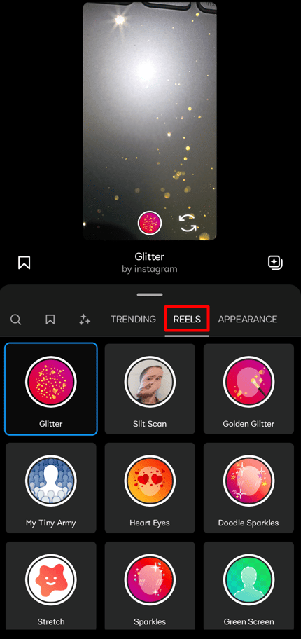 Atingeți butonul Reel pentru a căuta filtre populare pentru role. | Cum să utilizați Efectele populare Reel Instagram în tendințe