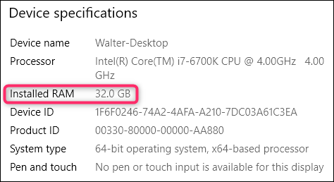 32 GB 的 RAM 在 Windows PC 上可見。