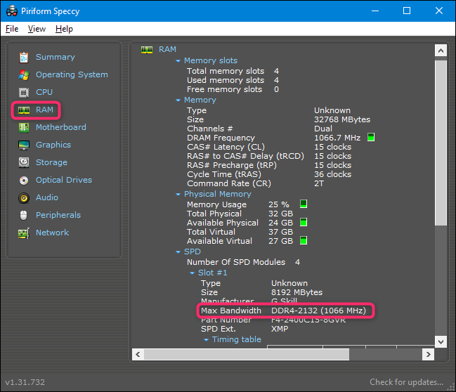 На вкладке RAM Speccy также будет отображаться скорость оперативной памяти.