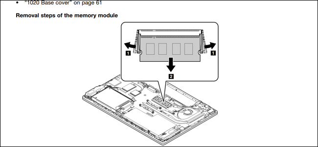 RAM を取り外す方法を示す Lenovo ラップトップの図。