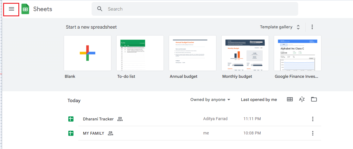 เปิด Google ชีตและคลิกที่ไอคอนเมนูแฮมเบอร์เกอร์