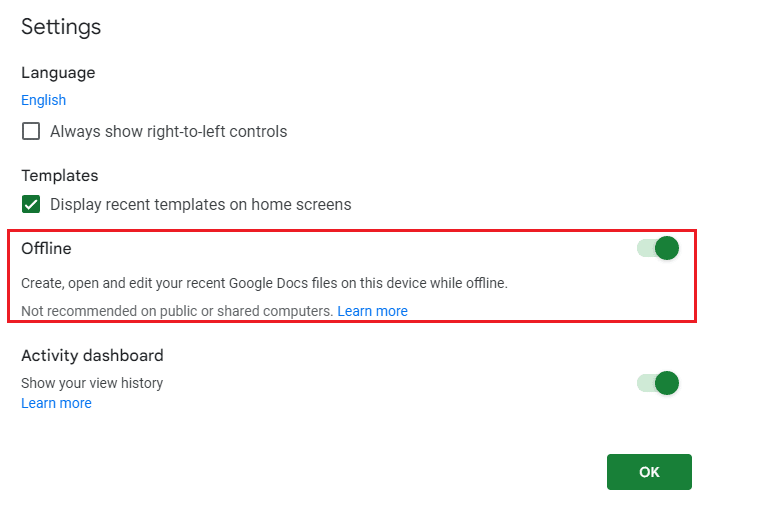 Aktivieren Sie die Offline-Schaltfläche und klicken Sie dann auf OK, um die Änderungen zu speichern. Beheben Sie, dass Google Sheets nicht gespeichert wird