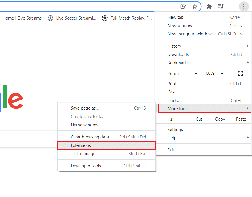 추가 도구를 클릭하고 Chrome에서 확장 프로그램을 선택합니다.