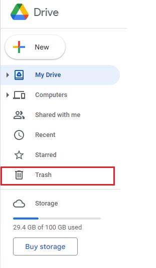 Masuk ke Google Drive dan buka menu Sampah. Perbaiki Google Sheets Tidak Menyimpan