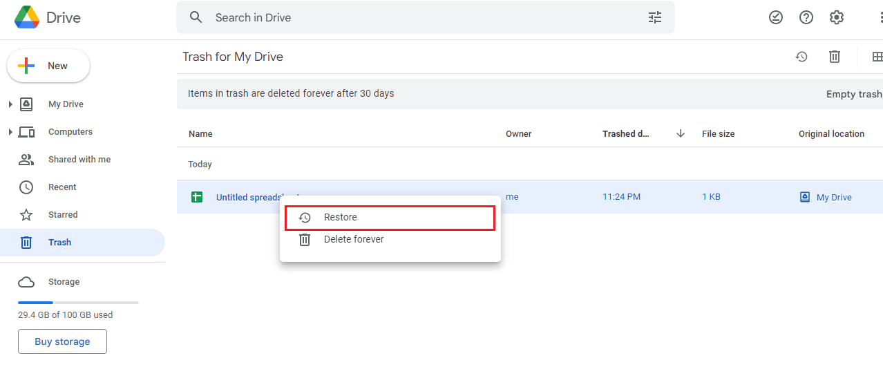 klik tombol Pulihkan. Perbaiki Google Sheets Tidak Menyimpan