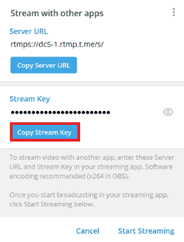 กลับไปที่แอพ Telegram แล้วคลิกที่ Copy Stream Key