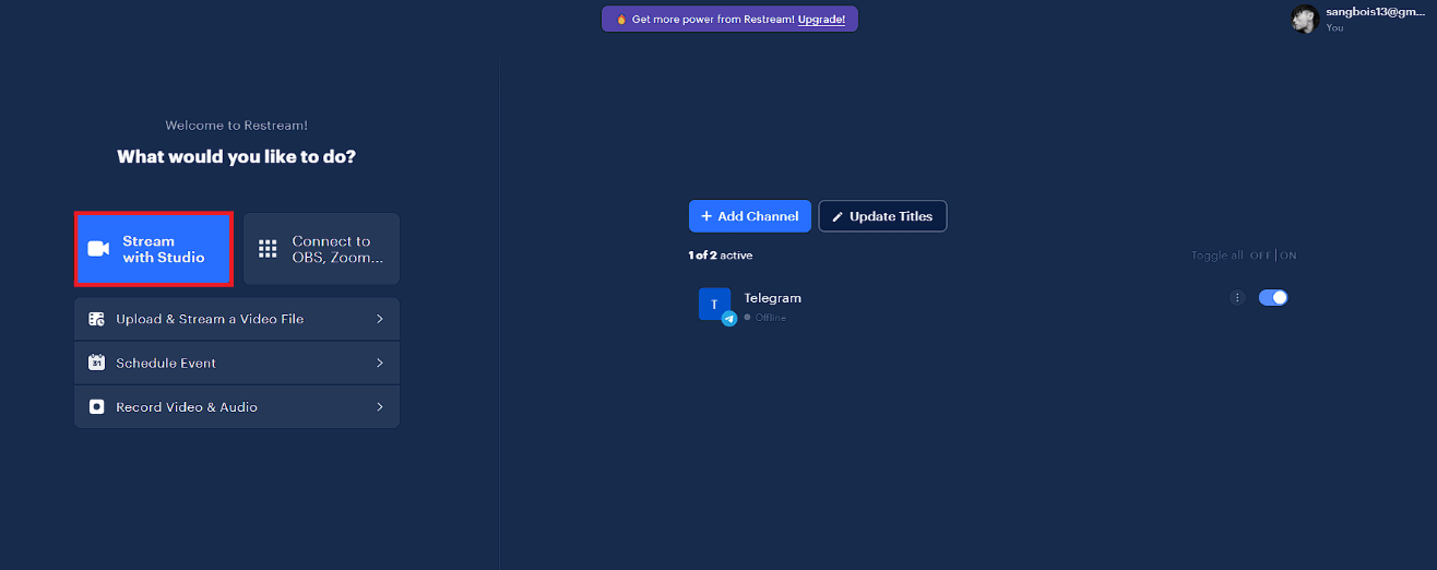 Kliknij opcję Stream with Studio. Jak rozpocząć transmisję na żywo w telegramie