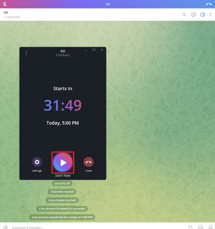 haga clic en el botón Comenzar ahora. Cómo transmitir en vivo en Telegram