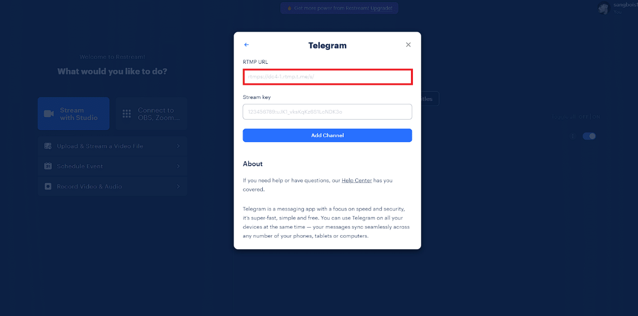Incolla l'URL copiato nel campo di testo Restream RTMP URL