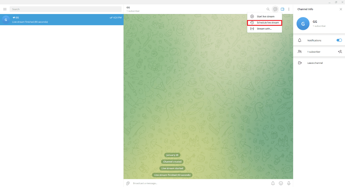 Haga clic en la opción Programar transmisión en vivo. Cómo transmitir en vivo en Telegram