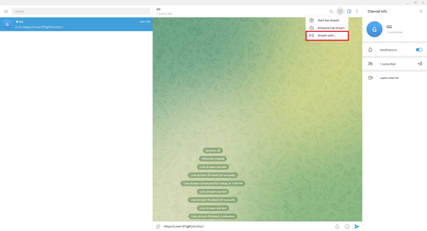 单击 Stream with... 选项。如何在 Telegram 上直播