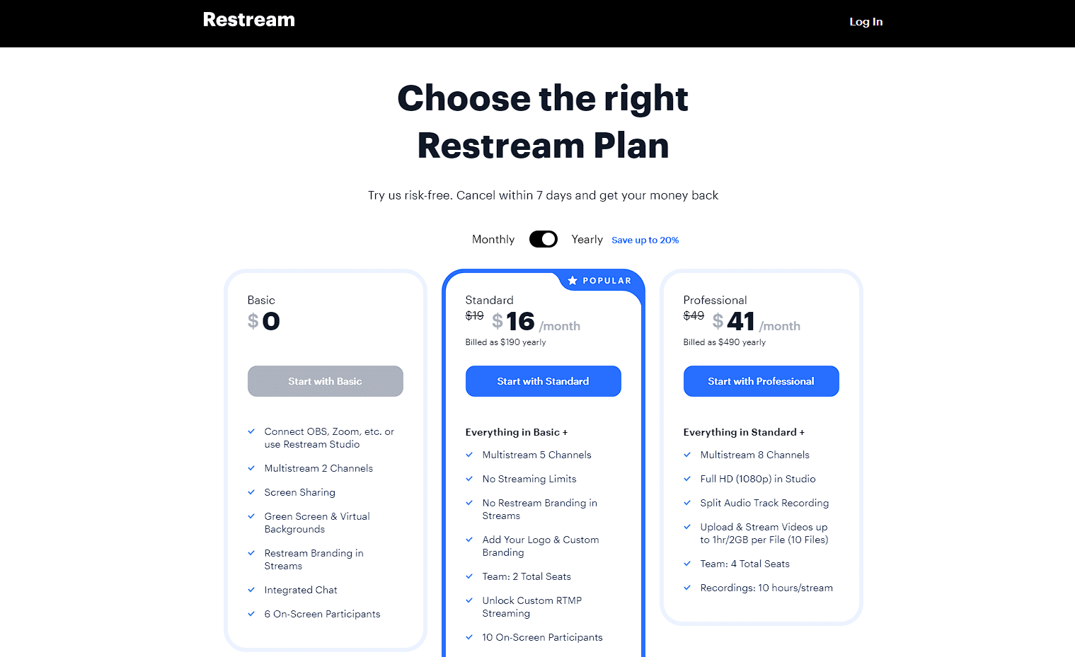 اختر خطة Restream