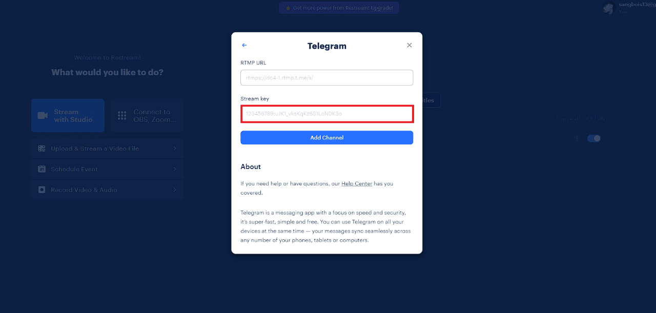 Wklej go w polu tekstowym klucza Restream Stream