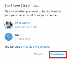 Kliknij Kontynuuj. Jak rozpocząć transmisję na żywo w telegramie