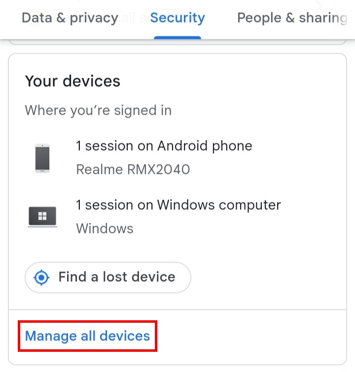 Em segurança, role para baixo até Seus dispositivos e toque em Gerenciar todos os dispositivos.