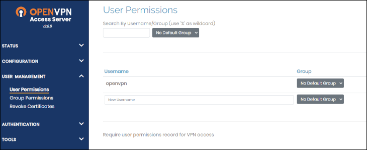 Pantalla de configuración de OpenVPN