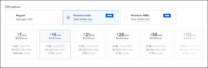 Dijital Okyanus CPU seçimi