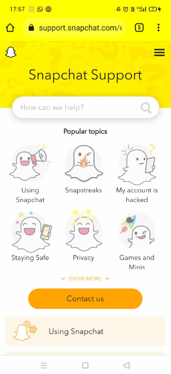 Vá para a página de suporte do Snapchat