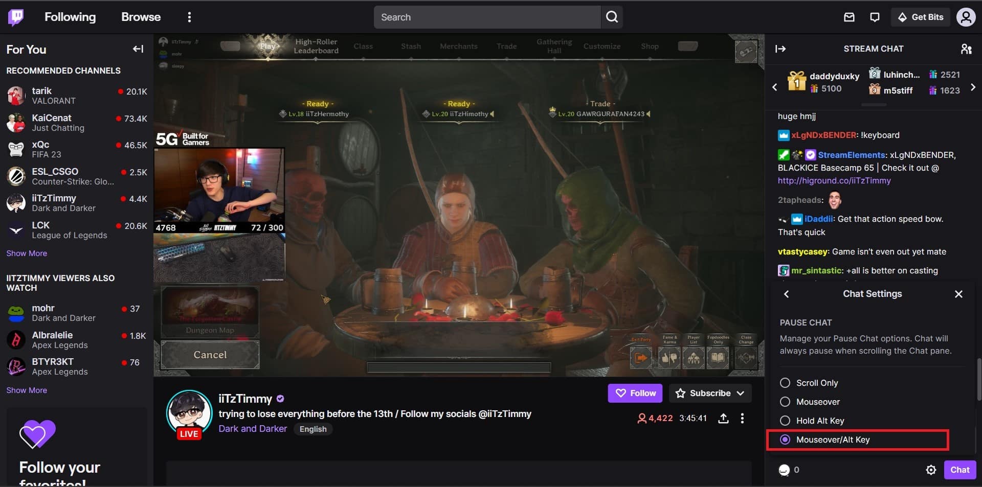 Mouseover/Alt Tuşu seçeneğini seçin | Twitch sohbeti nasıl duraklatılır