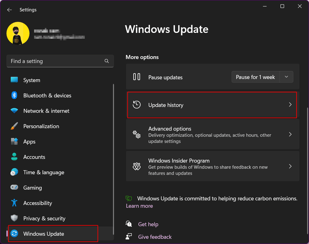 Historial de actualizaciones en Windows Update