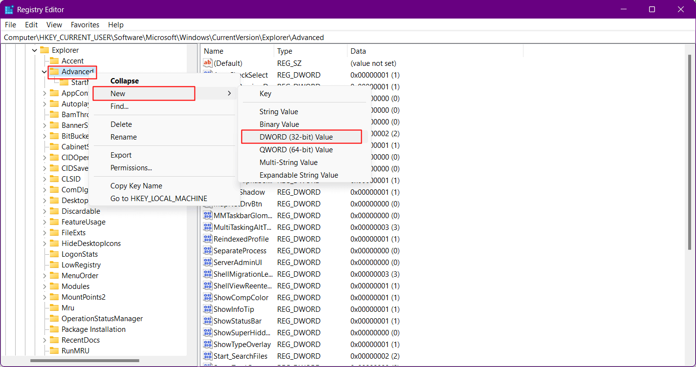 สร้างค่า DWORD (32-BIT) ใหม่