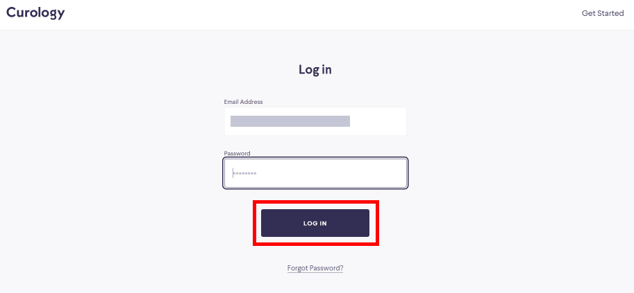 Inserisci la tua password, quindi fai clic sul pulsante LOG IN per accedere al tuo account curology.