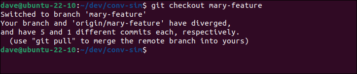 Git が、ローカルとリモートのブランチが分岐しており、マージする必要があることを通知します