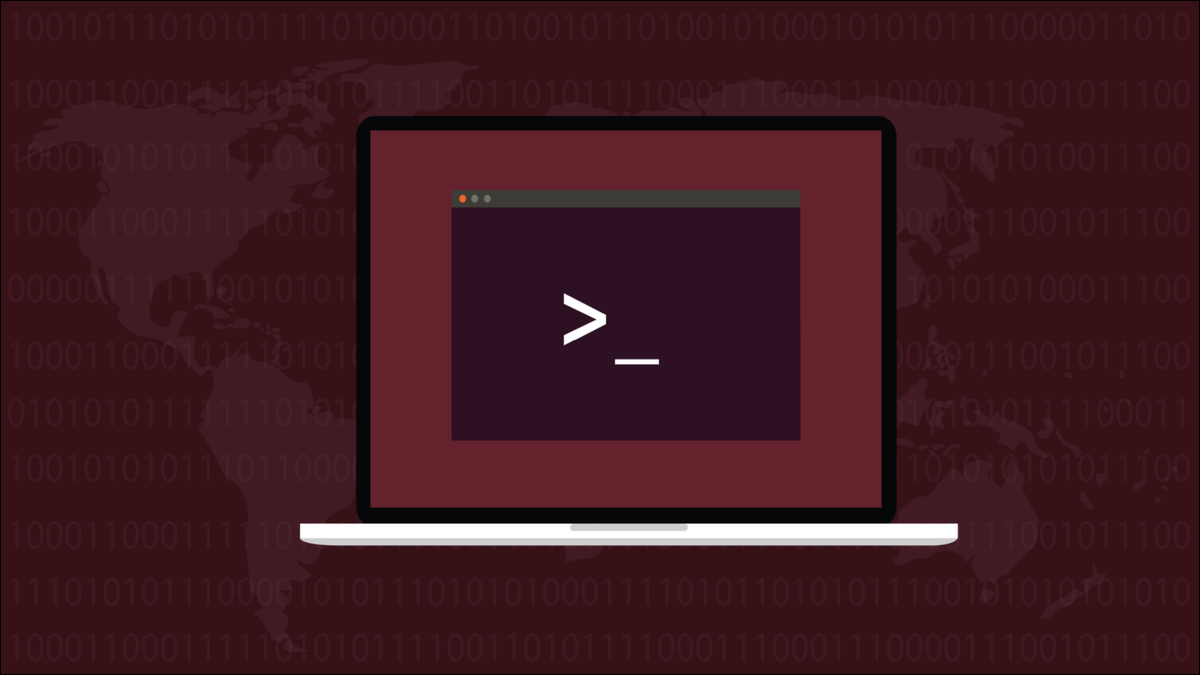 Laptop Linux mostrando uma janela de terminal com um padrão de globo ao fundo e uma marca d'água binária
