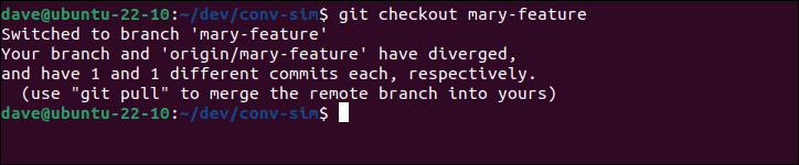 Git が、ローカルとリモートのブランチが分岐しており、マージする必要があることを通知します