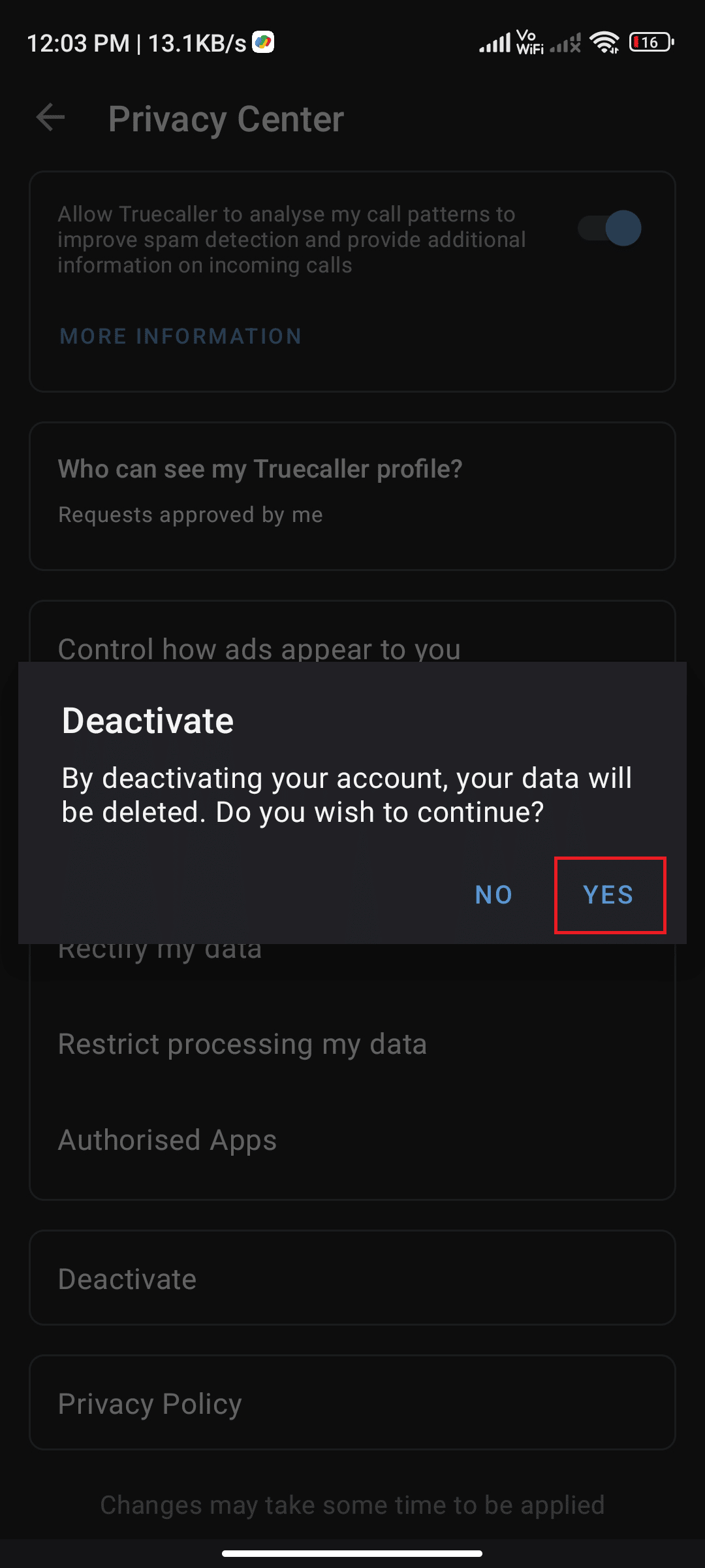 Truecaller 上的 YES 選項