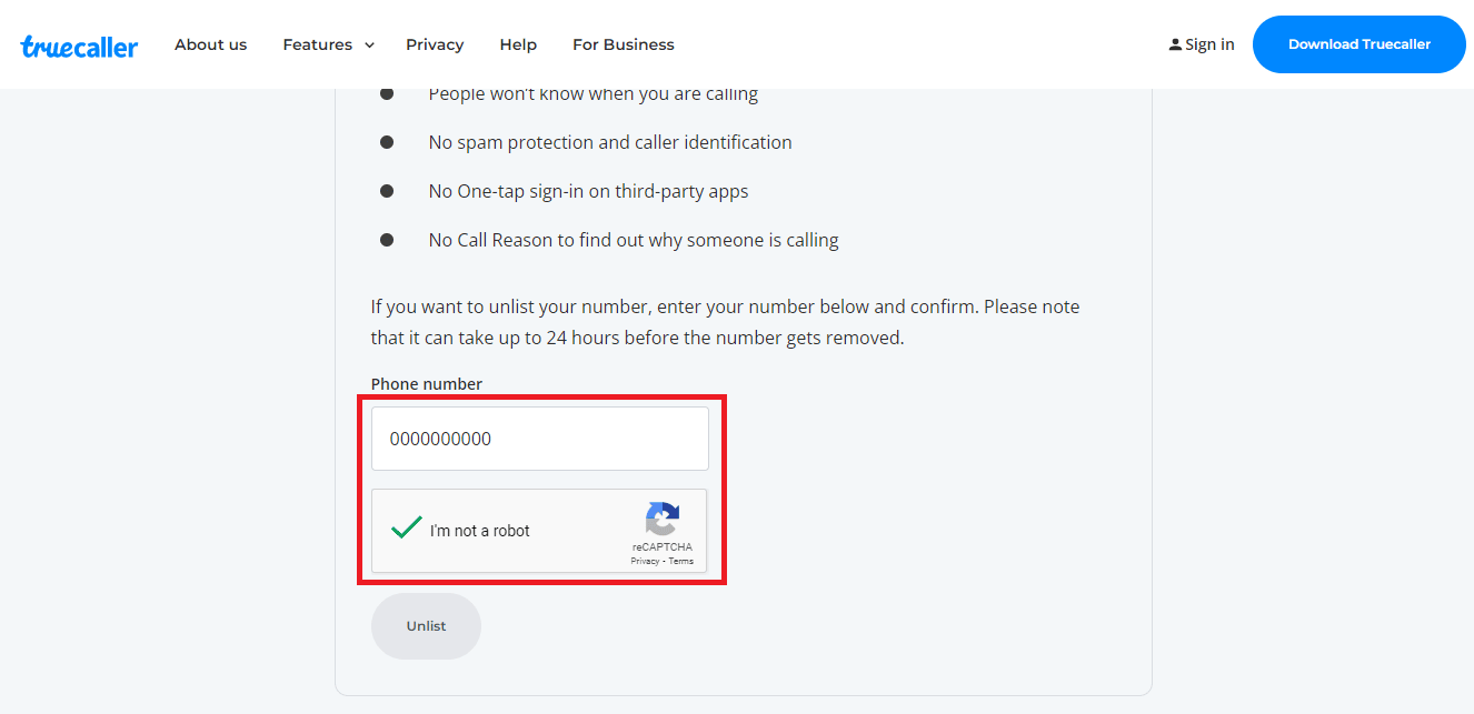 Nomor Telepon aktif di protal Truecaller Unlisting