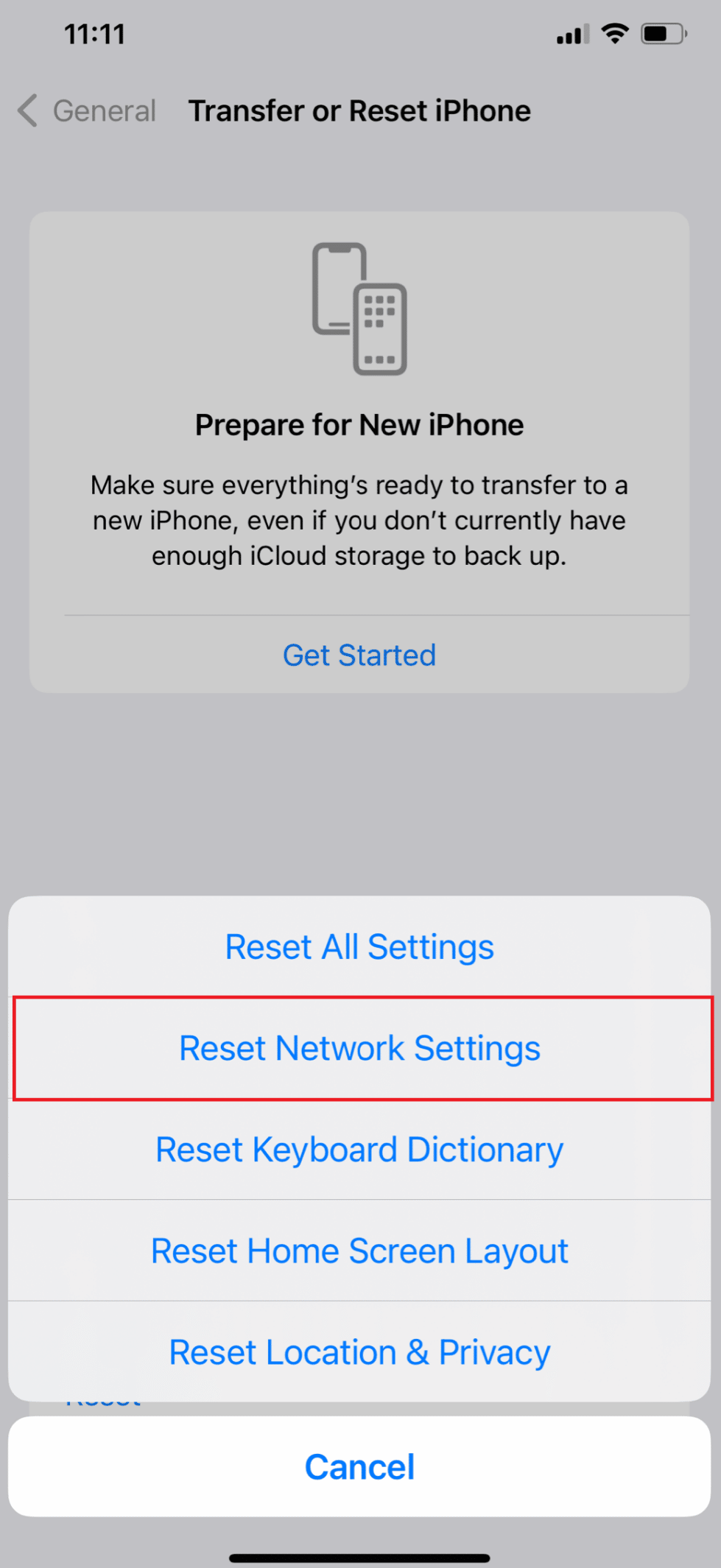 Elija Restablecer configuración de red | no se puede instalar la actualización de iPhone