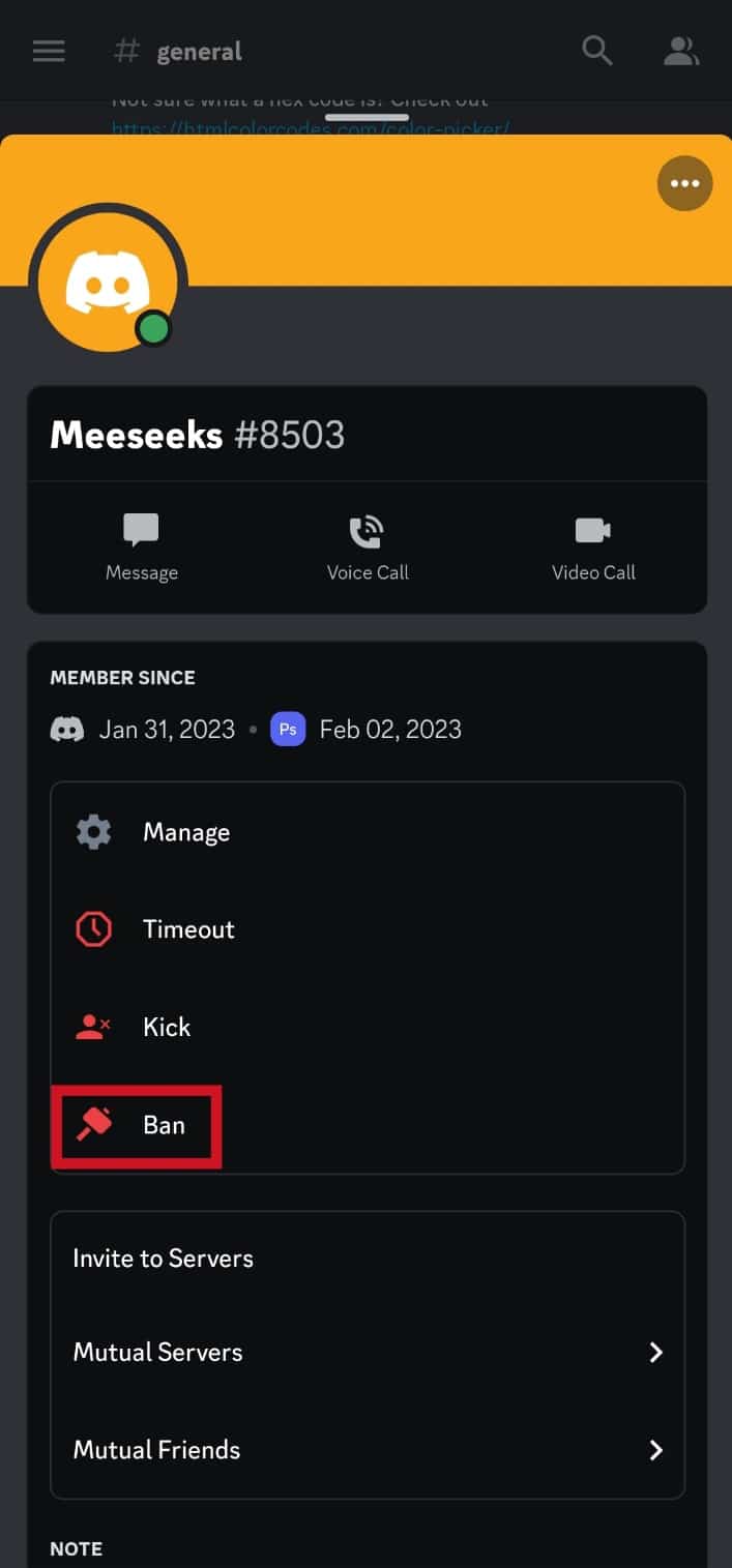 Tocca l'opzione Ban. Come rimuovere qualcuno dal gruppo Discord
