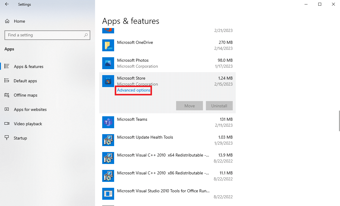 Individua e seleziona Microsoft Store e fai clic su Opzioni avanzate
