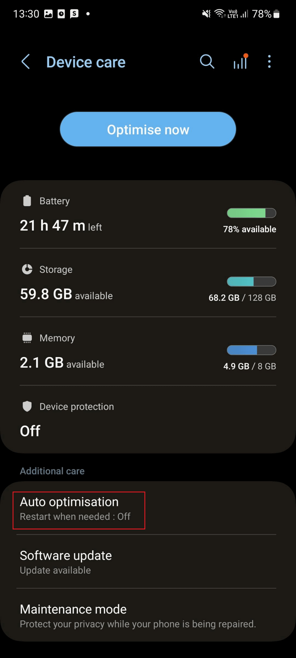 optimización automática. Arreglar el teléfono Samsung sigue reiniciando