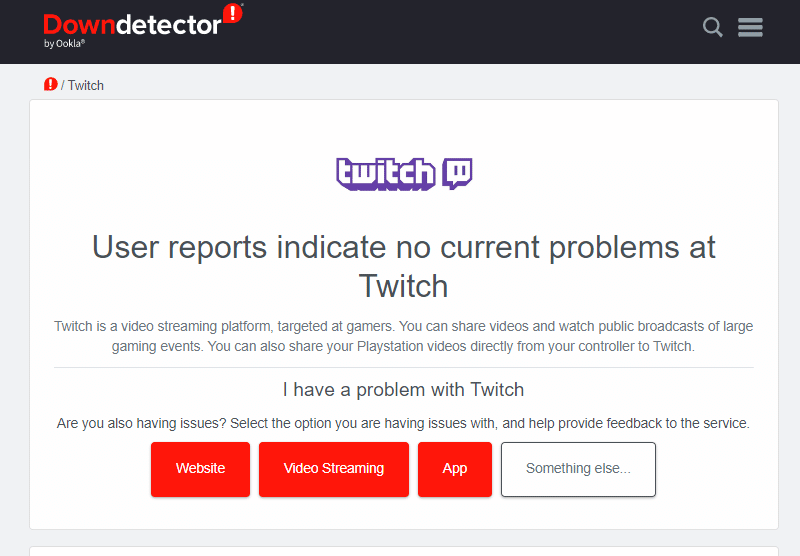 Verifique los servidores de Twitch en DownDetector