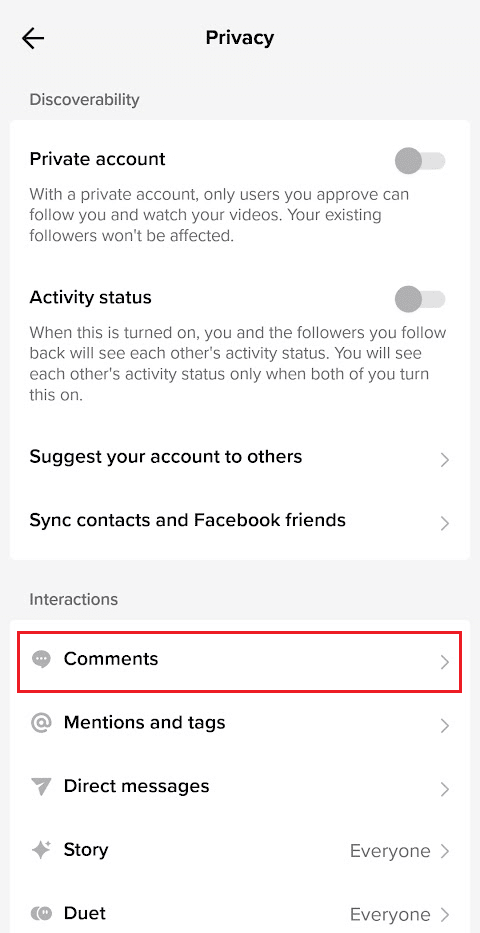 Toque na opção Comentários na seção Interações
