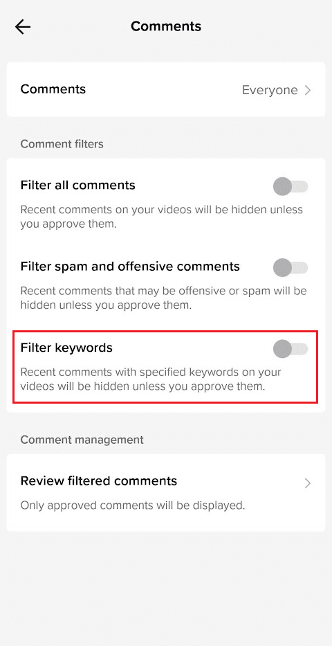Activați comutatorul pentru opțiunea Filtrați cuvintele cheie | Cum să filtrezi cuvintele din comentariul TikTok
