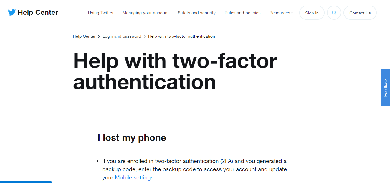 Page d'aide sur l'authentification à deux facteurs de Twitter