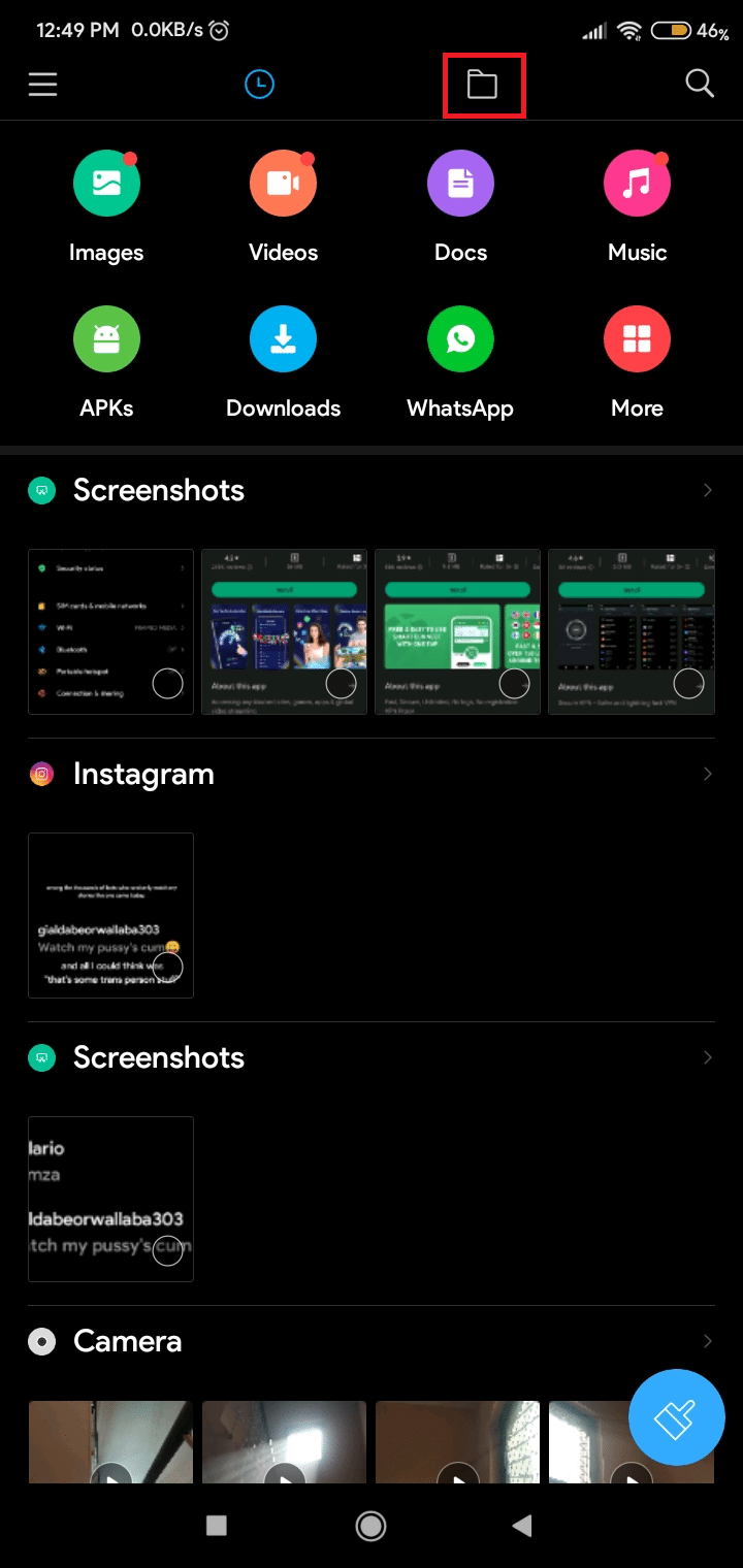 Stuknij ikonę folderu u góry ekranu. | Gdzie są zapisywane zrzuty ekranu na Androidzie?