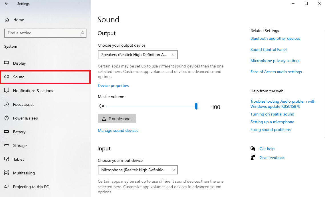 导航到“声音”选项卡。如何修复 Windows 10 中的 Audacity 错误代码 9999