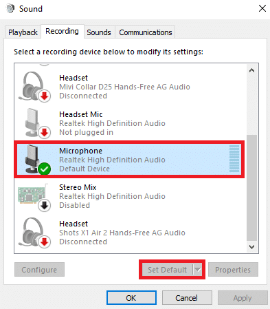 Găsiți și selectați Microfon, apoi faceți clic pe Set Default